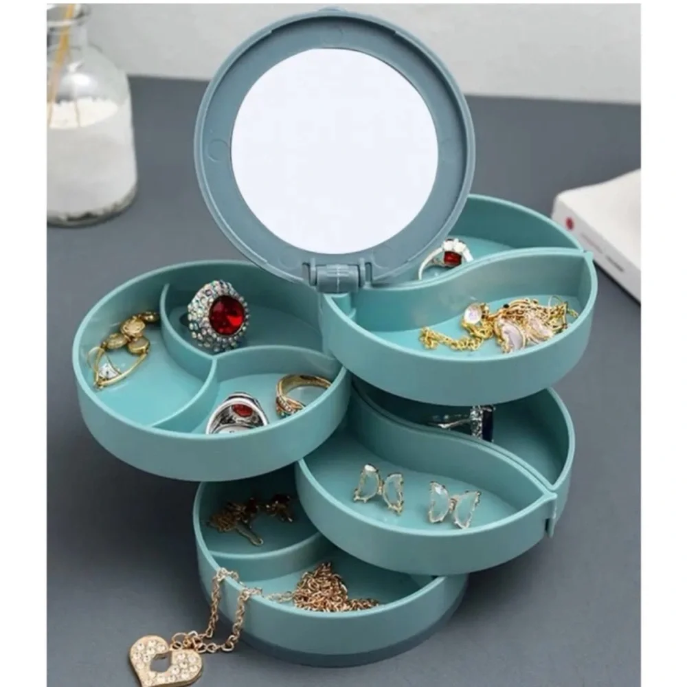 NEW 4-Tier Blue Rotating Jewelry Organizer w/ Mirror